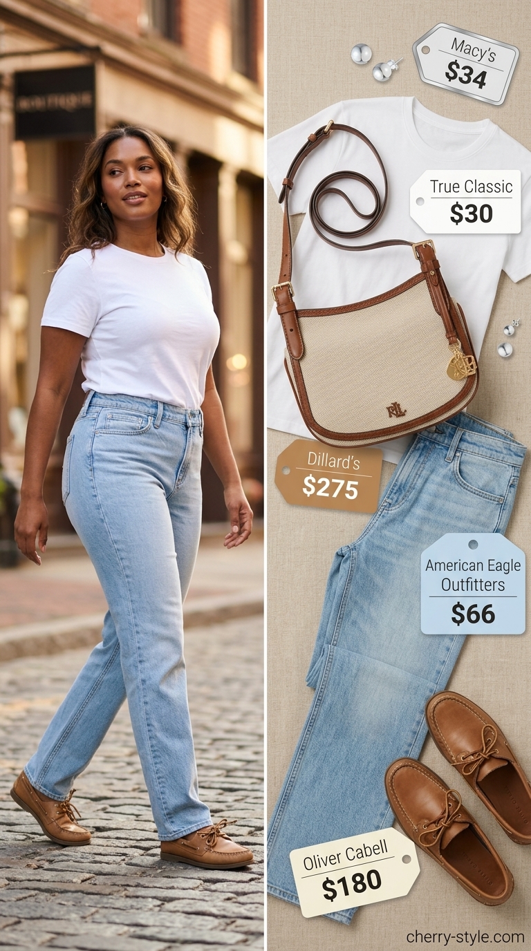 Weekend Wanderer Denim: High-waisted straight-leg jeans, white tee, sneakers for casual weekend. Summer Denim Outfits for Women 2026.