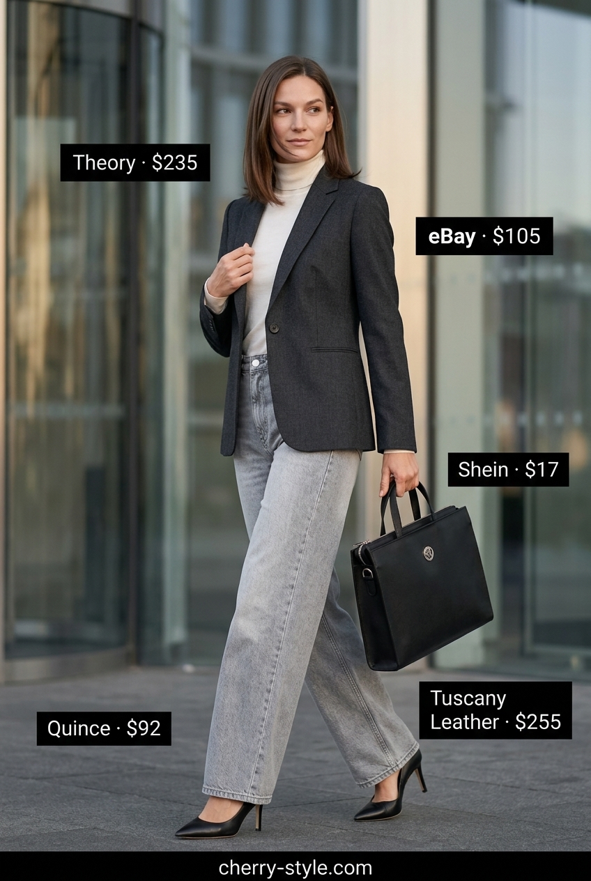 Modern Minimalist Workwear: tailored trousers, blazer, turtleneck sweater. Summer Denim Outfits for Women 2026.