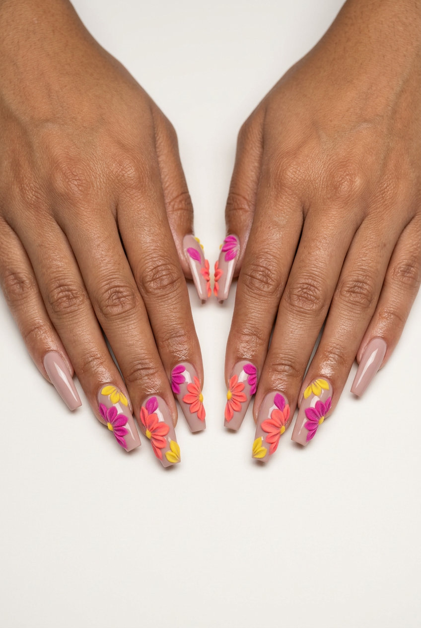 3D petal burst stiletto nails for summer flower nails 2026, glamorous for parties and night outs.