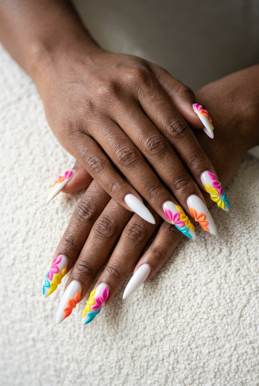 Summer flower nails 2026: Glamorous 3D multicolor petals on nude stiletto nails for parties.