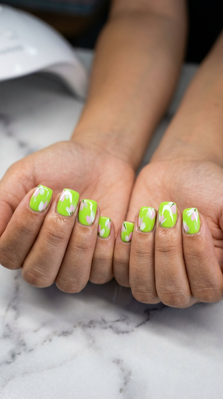 Edgy electric lime green nails with abstract white and pink floral lines, modern summer flower nails 2026.