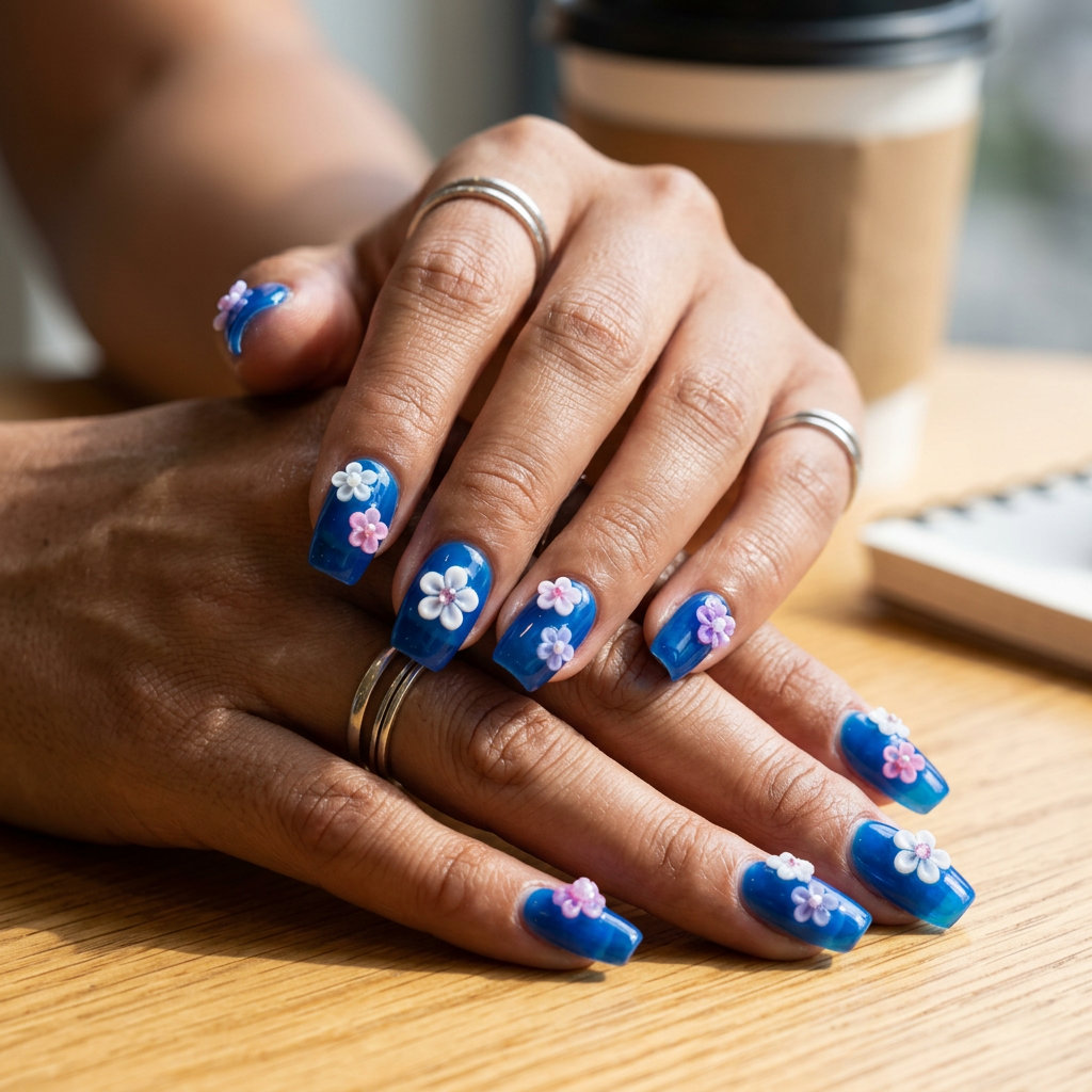 Cobalt Jelly Blooming Almond nails: vibrant blue jelly with 3D floral charms for summer flower nails 2026.