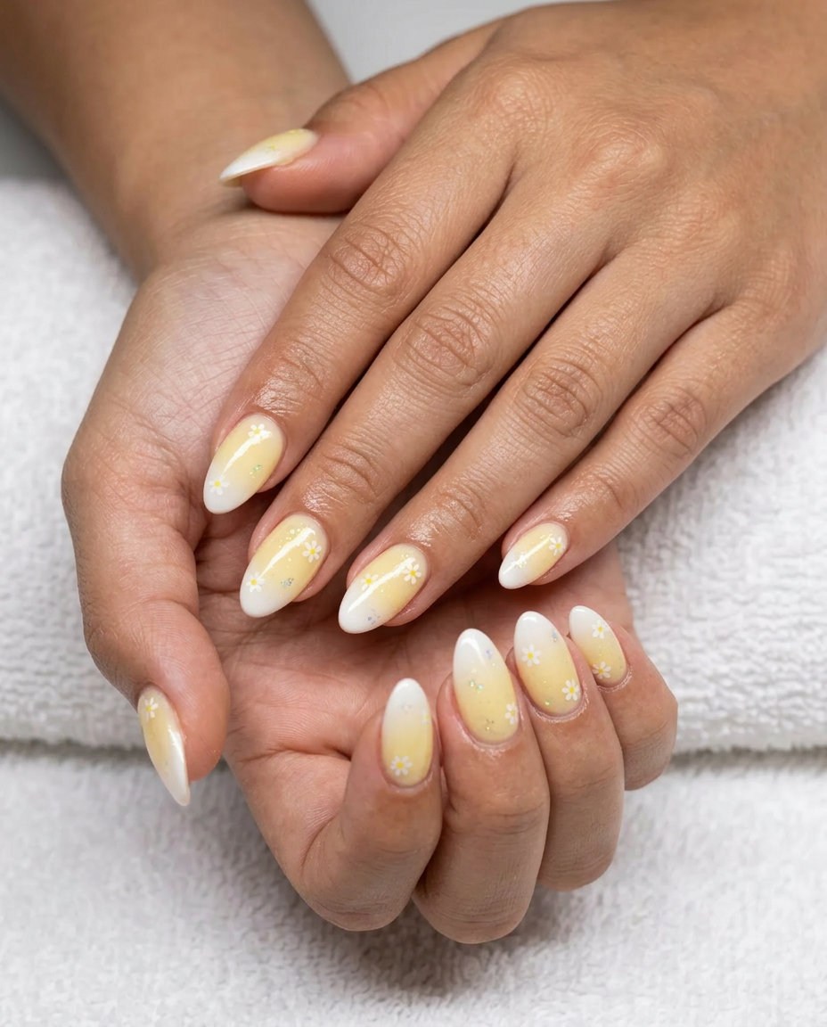 Sunny butter yellow to white ombre nails with daisy glitter for summer party summer flower nails 2026.