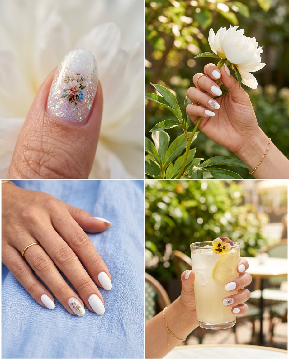 Glamorous white nails with iridescent glitter and floral decals for party summer flower nails 2026.