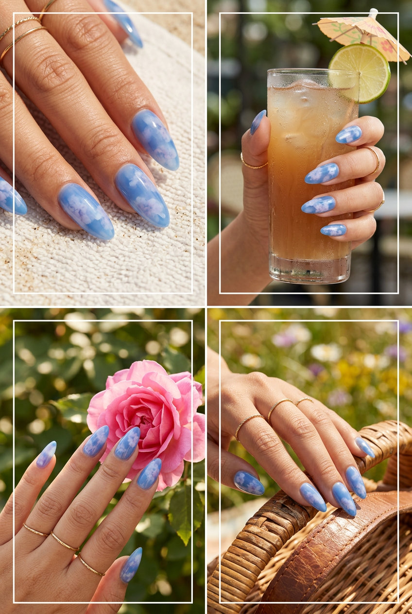 Jelly Hydrangea Swirl nails: dreamy blue jelly with white & lilac swirls for summer flower nails 2026.