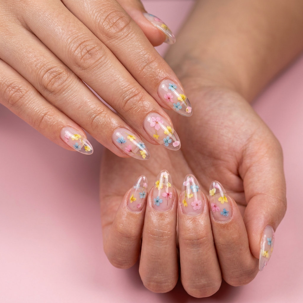 Whimsical jelly press-on nails with embedded pastel pink, blue, yellow flowers for vacation summer flower nails 2026.