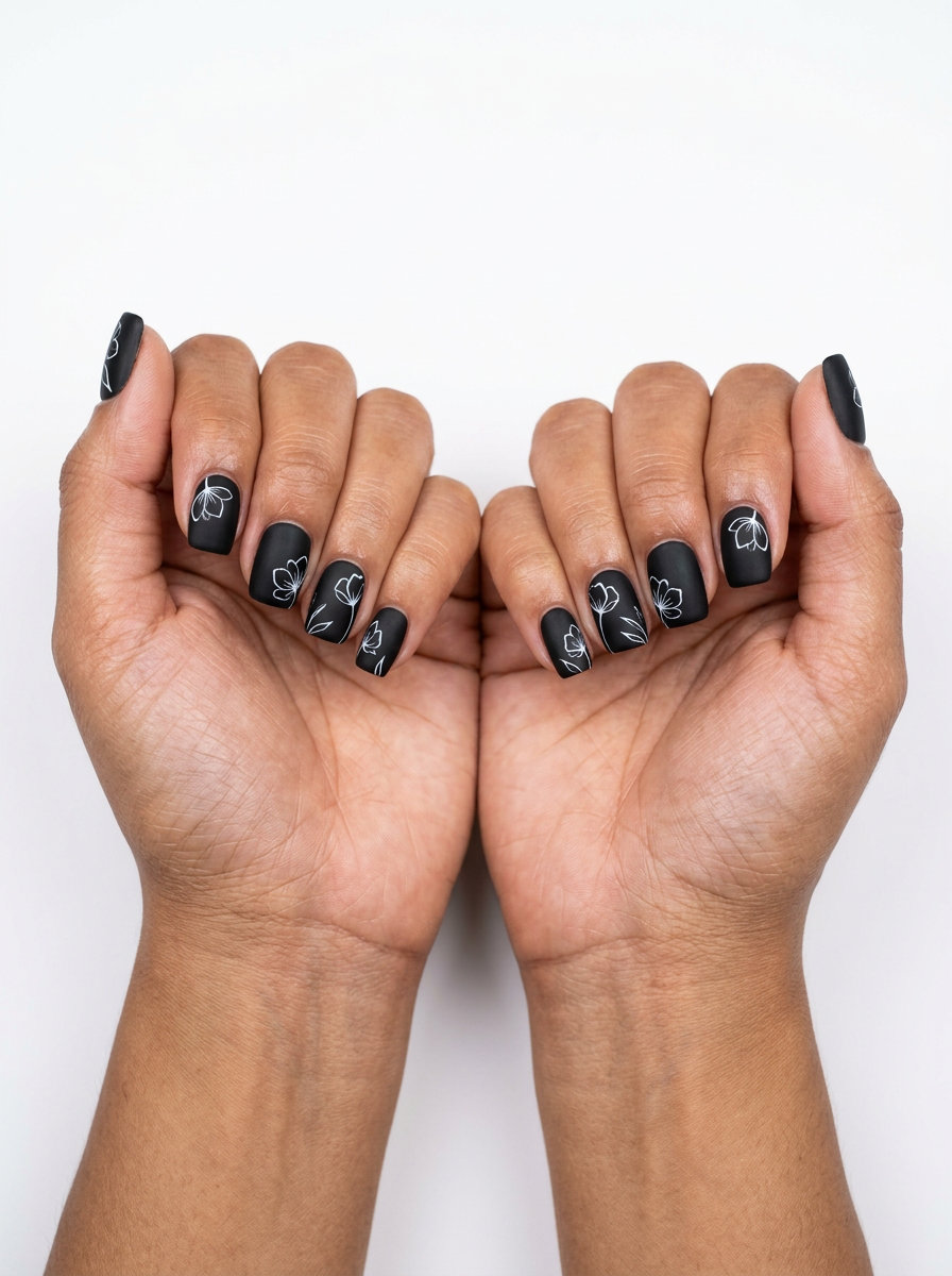 Sophisticated matte black nails with minimalist white floral outlines for evening event summer flower nails 2026.