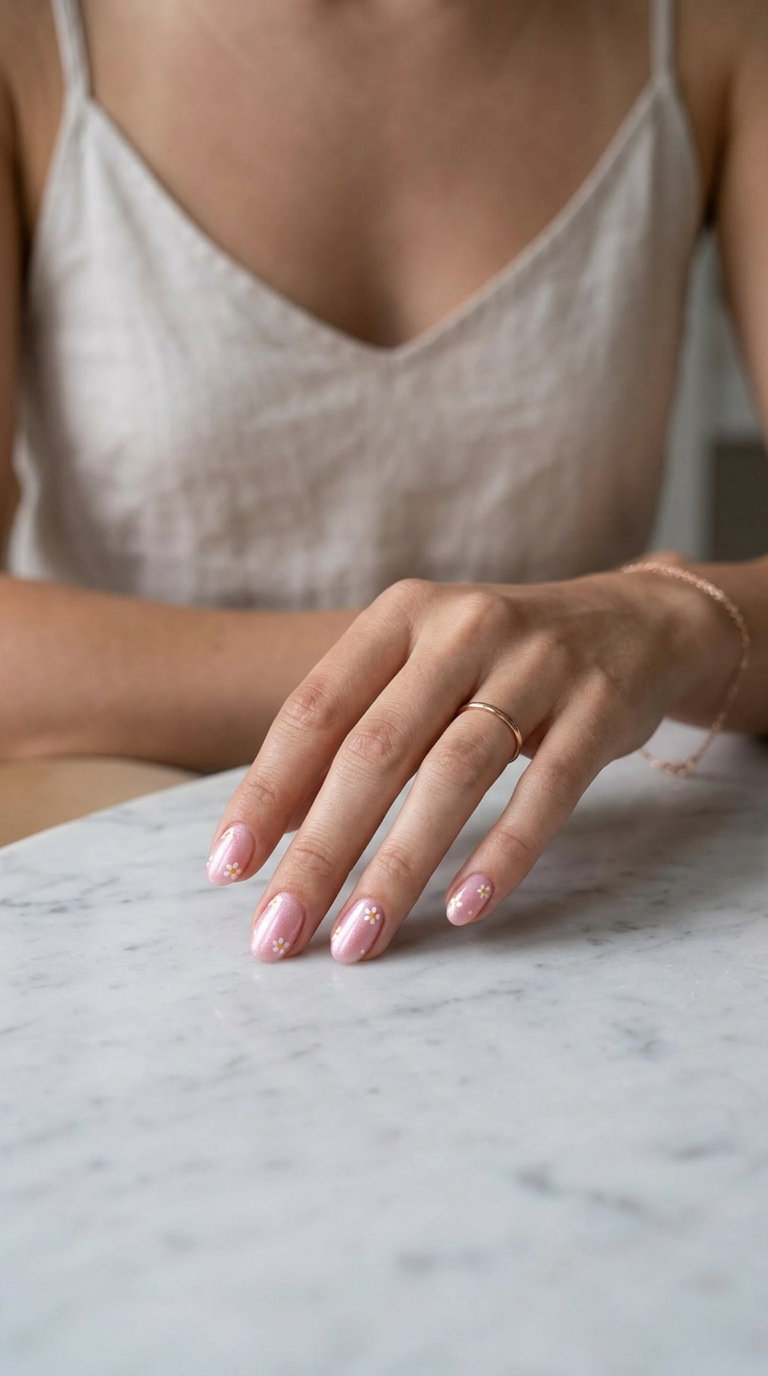 Shimmer pink daisy dots nails for summer flower nails 2026, sweet and charming for casual weekends.