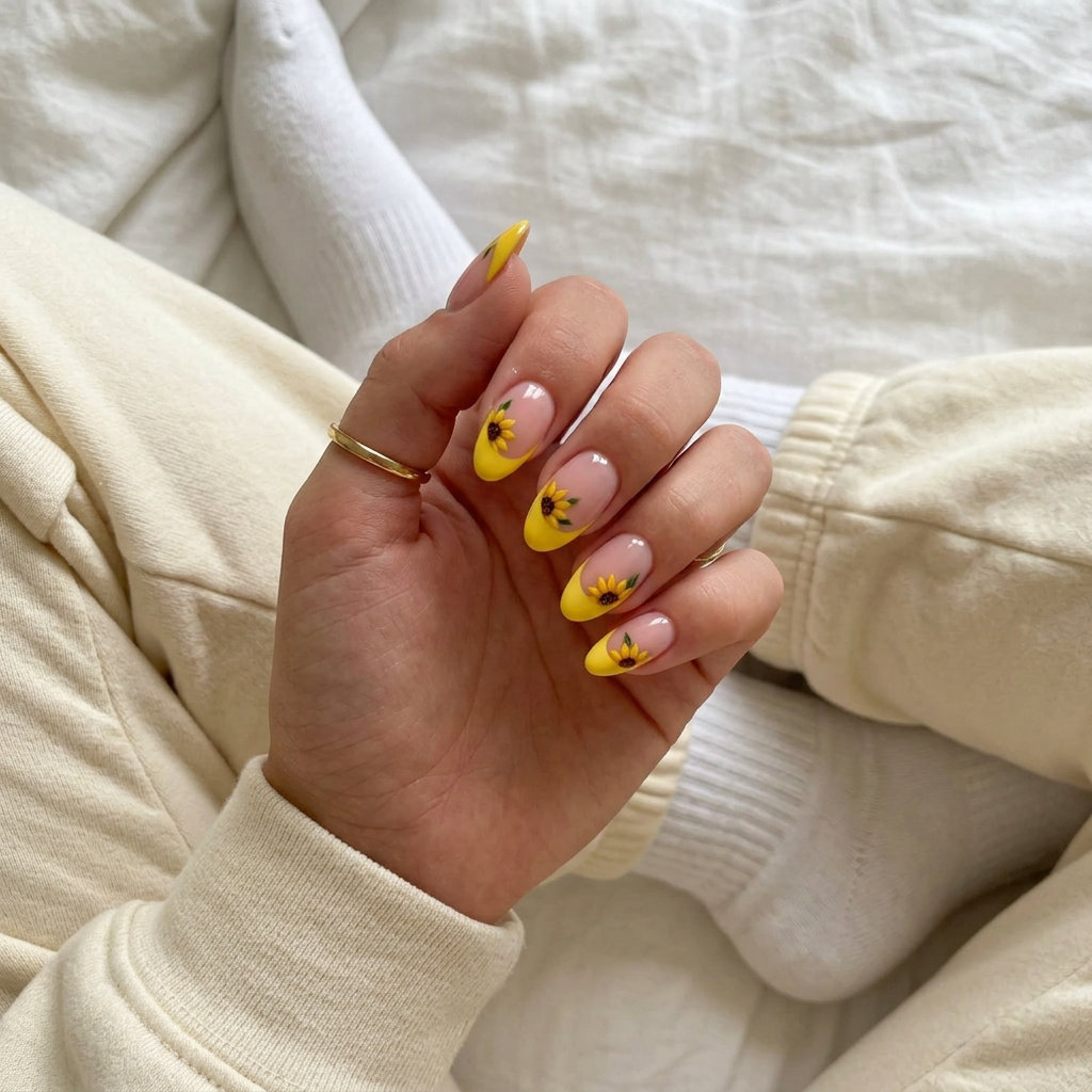 Chic almond nails with yellow French tips and hand-painted sunflowers for summer outing summer flower nails 2026.