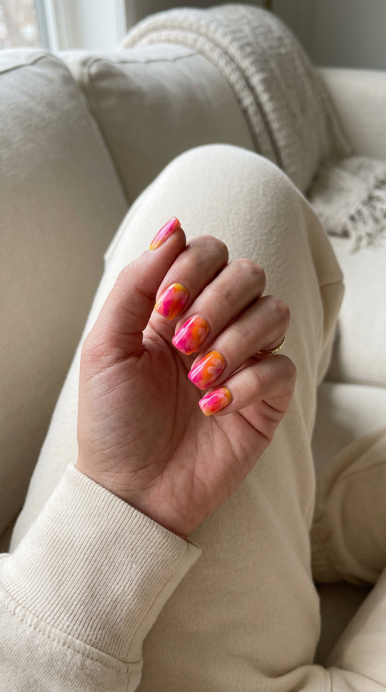 Vibrant pink and orange abstract sunset bloom nails for casual weekend summer flower nails 2026.