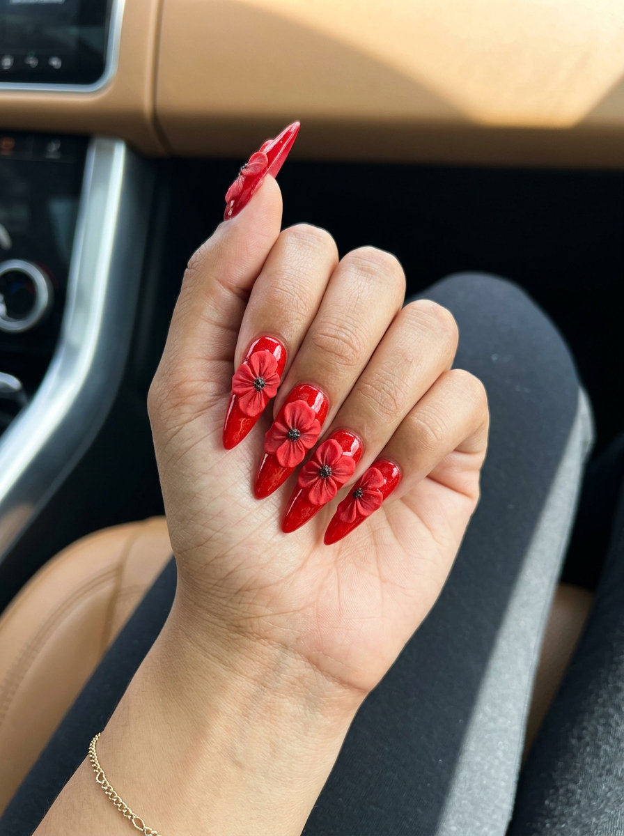 Textured poppy red 3D nails for summer flower nails 2026, perfect for parties and festivals.