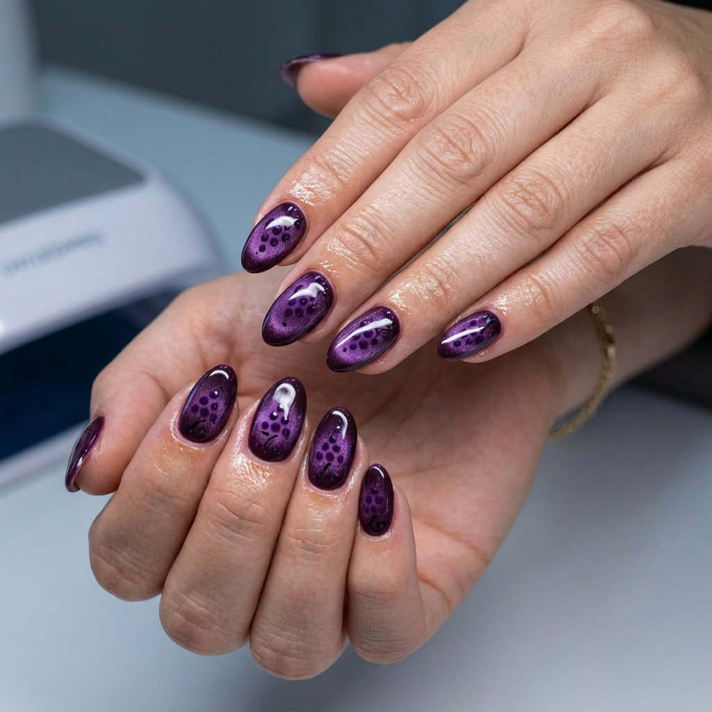 Grape Cluster Cat Eye Jewels nails for summer fruits nail art 2026, luxurious for evenings.