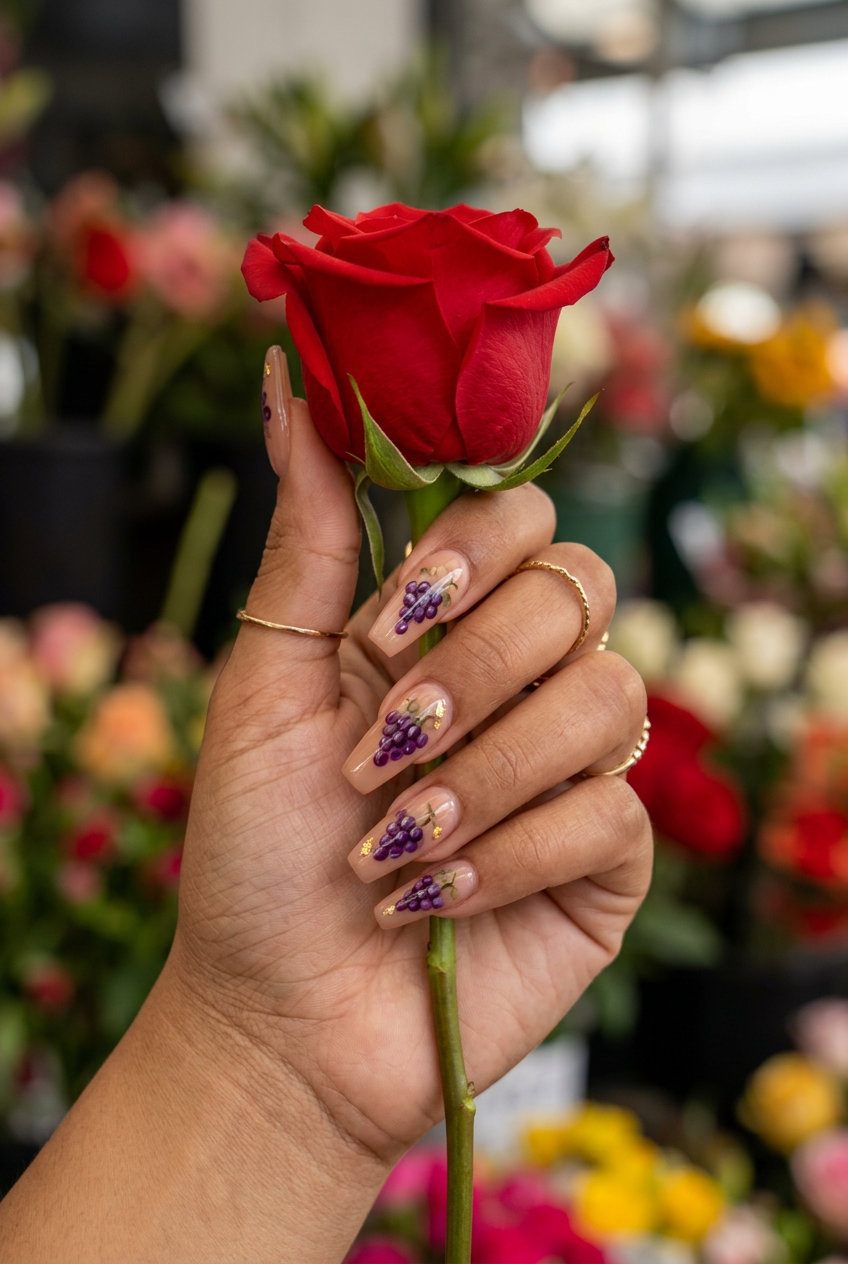 Sophisticated grape cluster nail art with sheer nude base, deep purple, green, and gold foil accents for summer fruits nail art 2026.