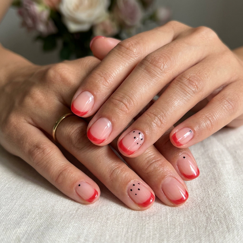Playful jelly strawberry micro French nails with black dot seeds for sweet summer fruits nail art 2026.