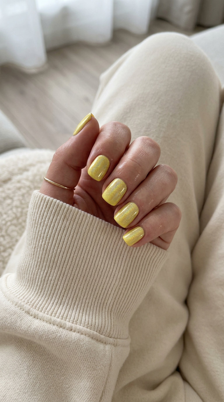 Lemon Zest Holographic Shimmer nails for summer fruits nail art 2026, glam for parties.