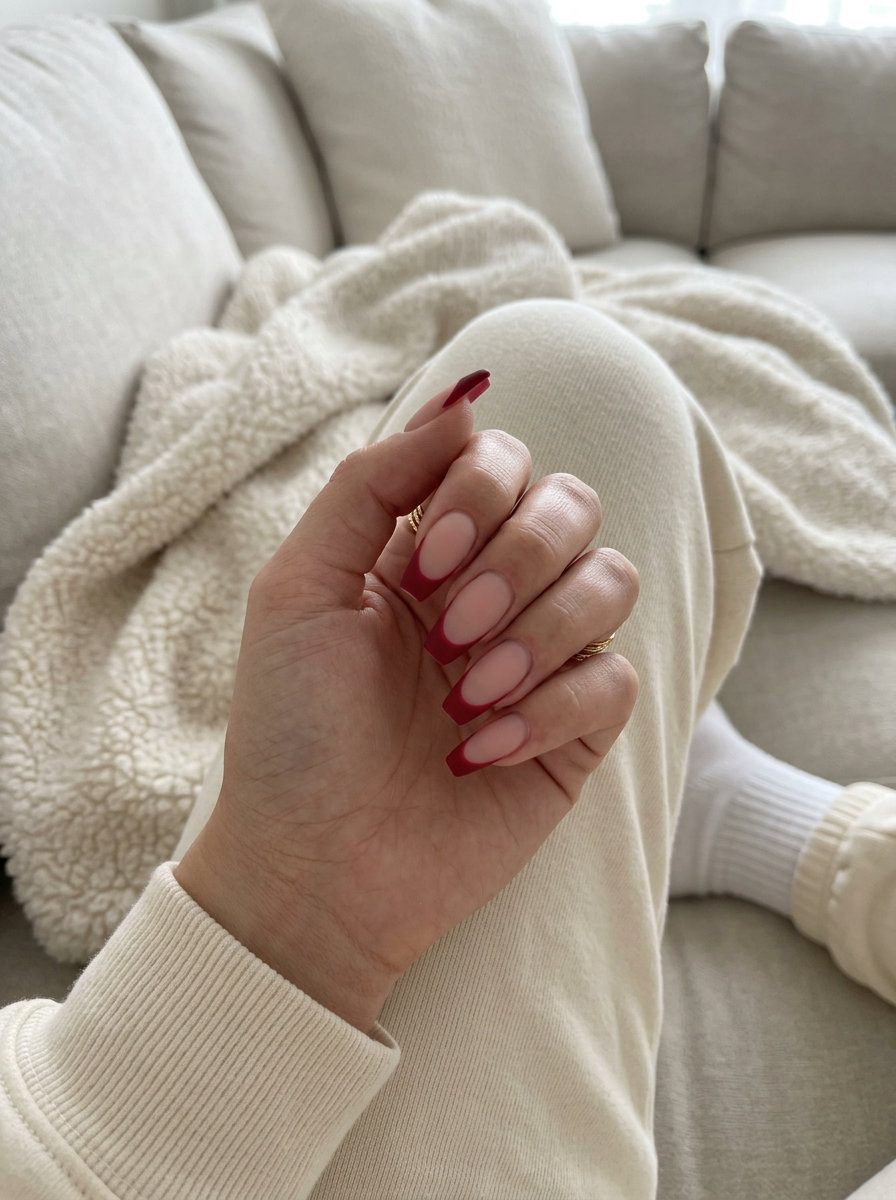 Retro matte cherry French tip nails with sheer nude base for sophisticated summer fruits nail art 2026.