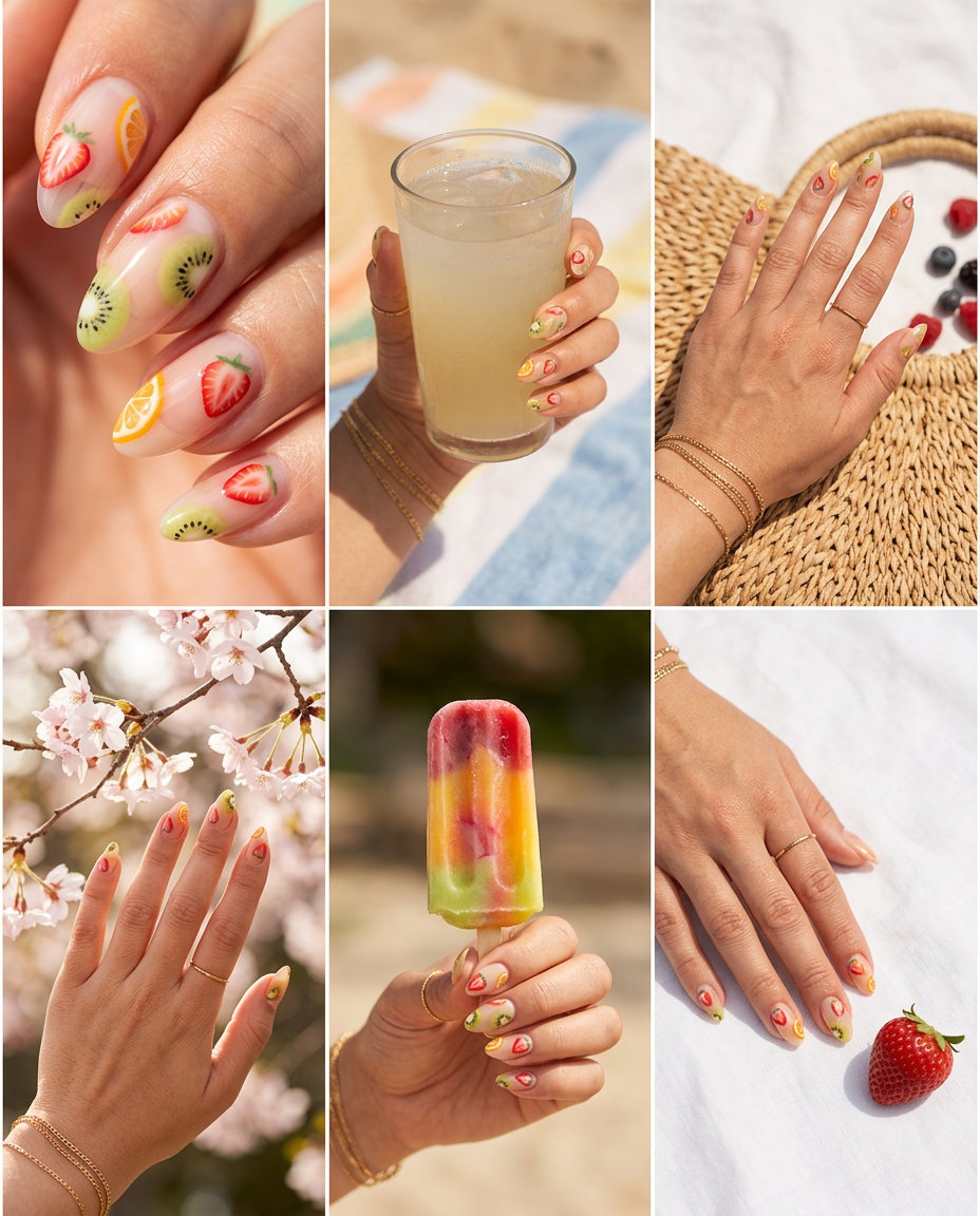 Modern mixed fruit slice negative space nails with clear and nude accents for artistic summer fruits nail art 2026.
