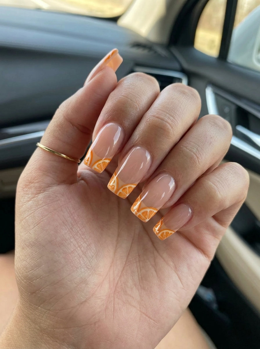Playful orange slice glossy French tip nails on long square shape for retro summer fruits nail art 2026.