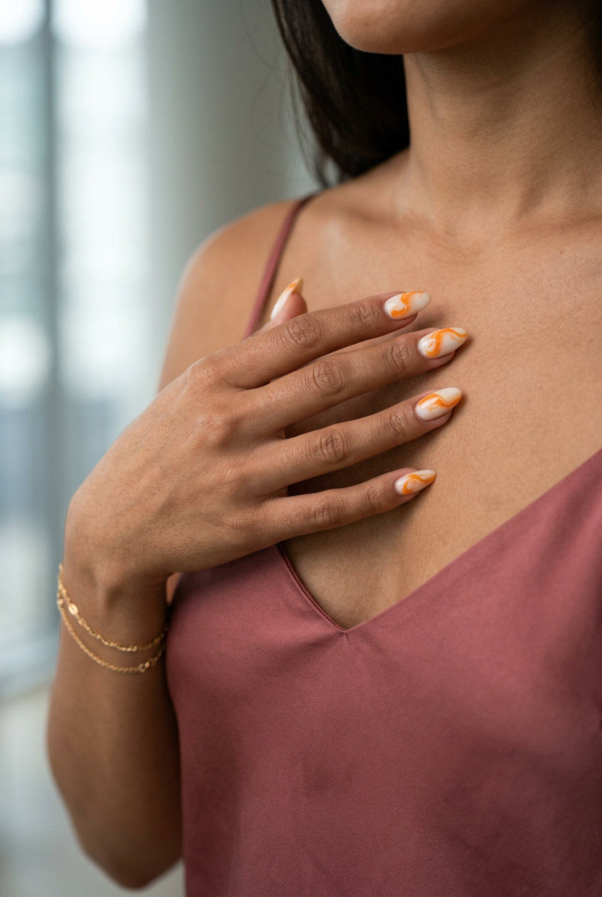 Orange Slice Marble Swirls nails for summer fruits nail art 2026, elegant for date night.