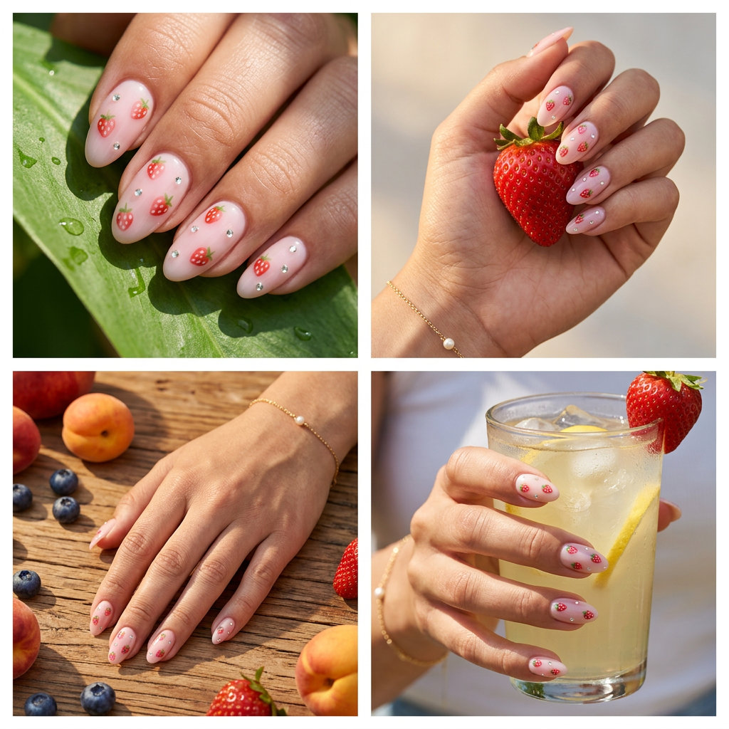 Strawberry Milk Bath nails with rhinestone dewdrops for weddings or romantic dates. Summer fruits nail art 2026.