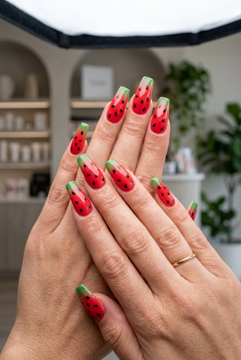 Watermelon Slice Stiletto nails: bold red, green, and black design for parties and summer festivals. Summer fruits nail art 2026.
