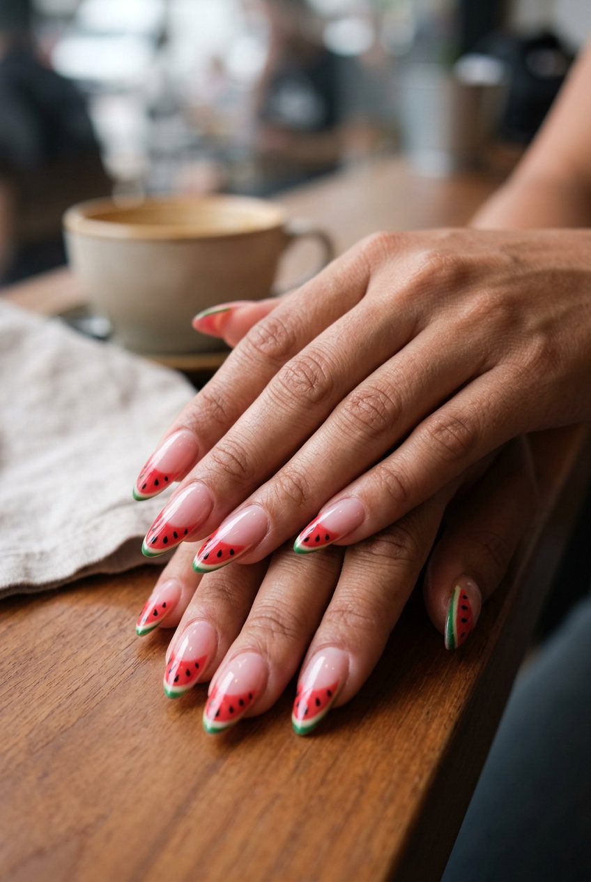 Watermelon Slice Stiletto French nails for summer fruits nail art 2026, fun for parties.