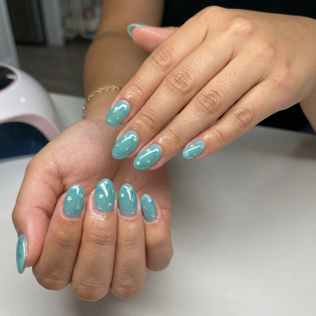 Aqua Jelly Starry Night oval nails: Sheer aqua blue with holographic stars for summer vacation, beach day, festival. Summer glitter nails 2026.