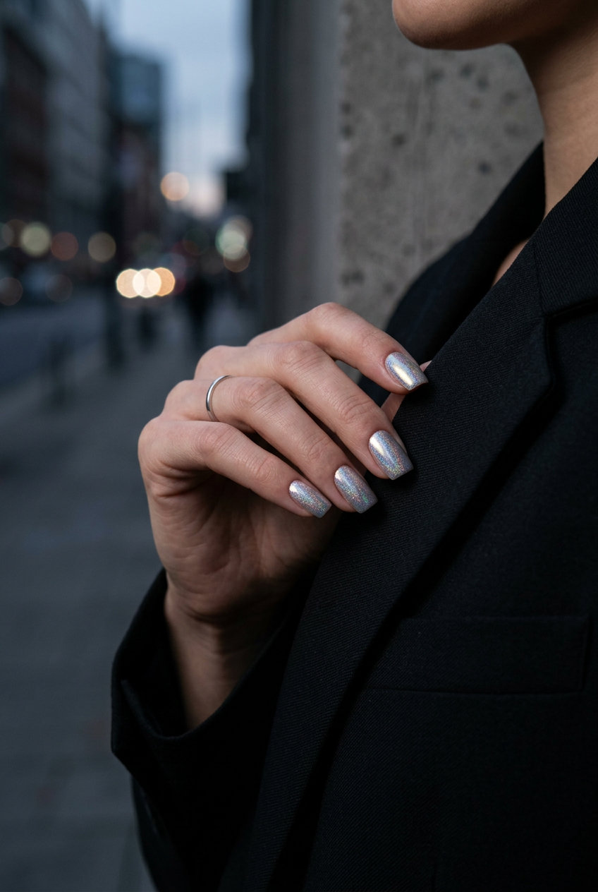 Futuristic chrome sparkle square nails for summer glitter nails 2026, great for parties.