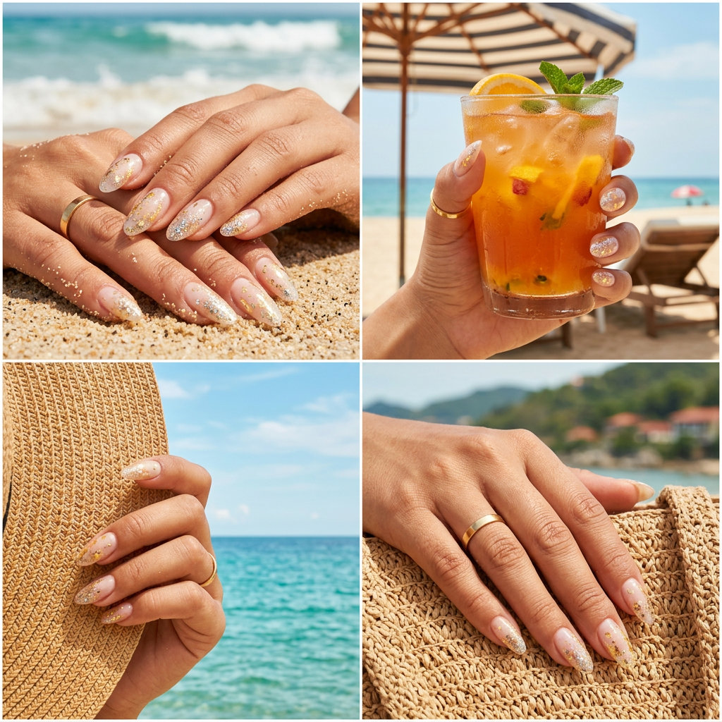 Playful summer glitter nails 2026 with clear jelly and multi-colored glitter flakes on short oval nails.