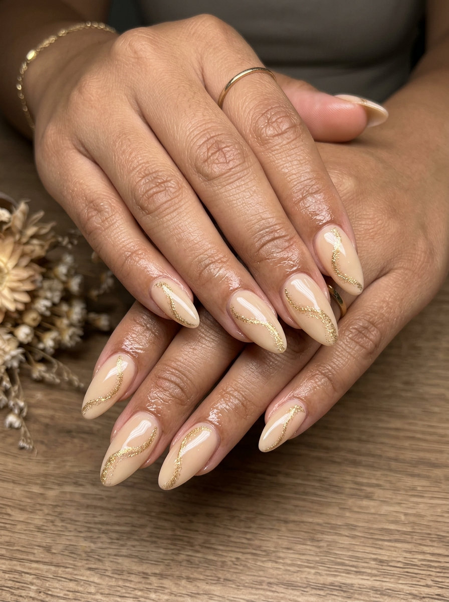 Summer glitter nails 2026: Bohemian warm nude nails with shimmering gold glitter swirls for festivals or events.