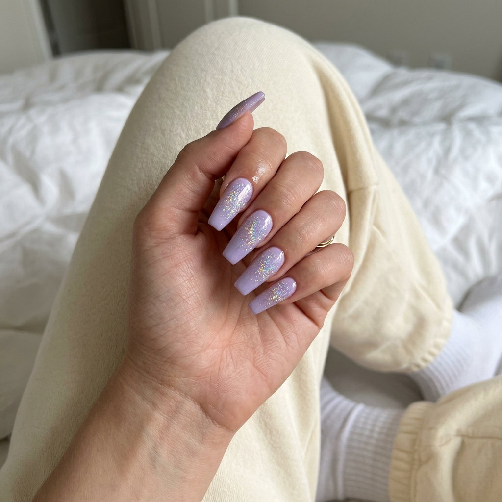 Dreamy lavender holographic glaze nails for summer glitter nails 2026, perfect for festivals.
