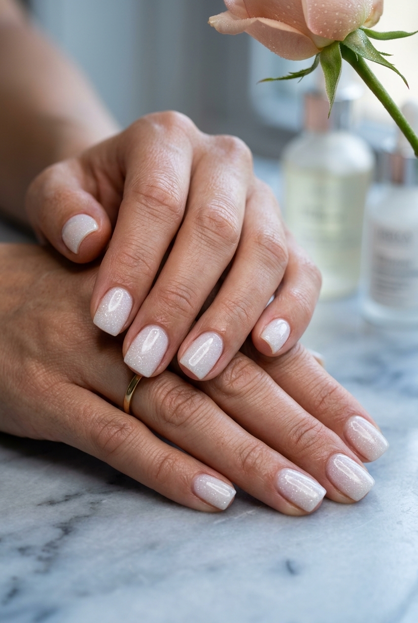 Milky White Full Glitter Coverage short square nails: Soft shimmer for casual weekend, everyday, professional. Summer glitter nails 2026.