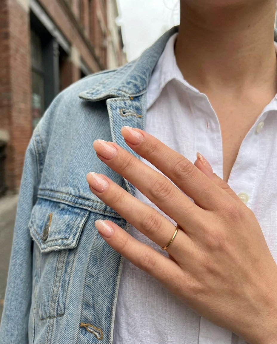 Summer glitter nails 2026: Romantic peach milk bath nails with subtle shimmer for weddings or everyday elegance.