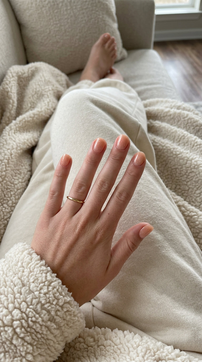 Peachy Keen Sheer Glitter short round nails: Subtle glitter on sheer peach for daily, casual weekend wear. Summer glitter nails 2026.