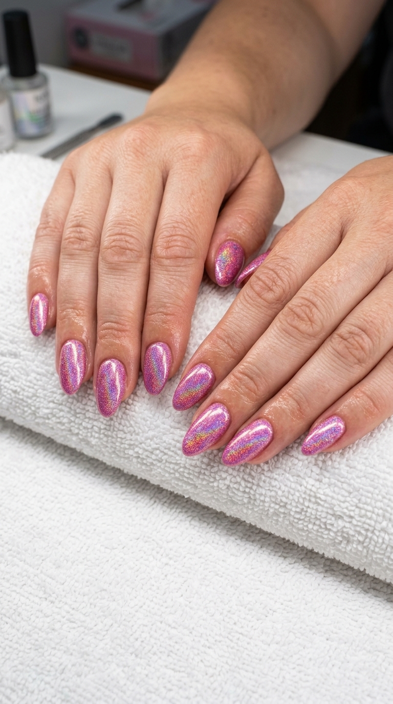 Summer glitter nails 2026: Bold pink holographic glitter nails for festivals, parties, and nights out.