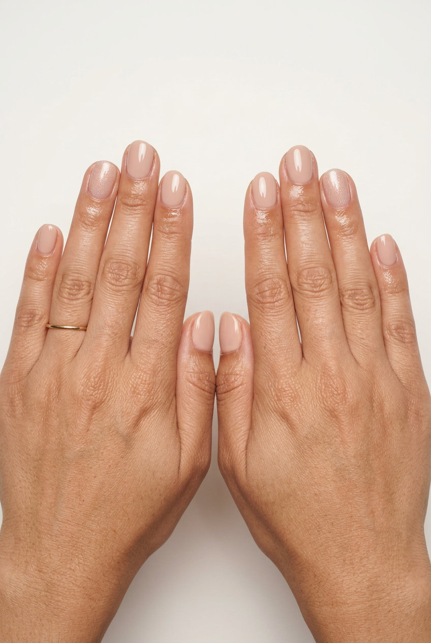 Quiet Luxury Shimmer short round nails: Soft nude with subtle shimmer accent for daily, work, casual weekend. Summer glitter nails 2026.