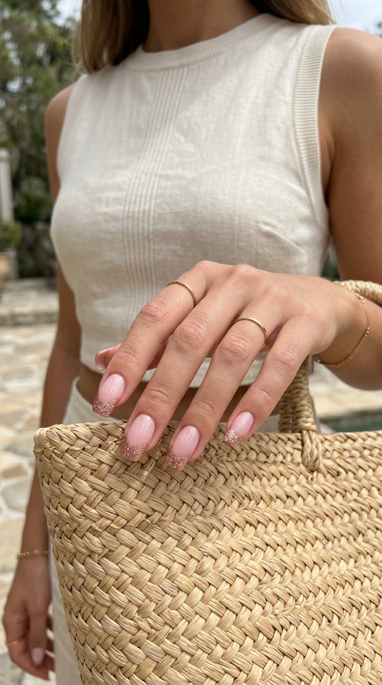 Glamorous summer glitter nails 2026 with rose gold glitter French tips on medium square nails.