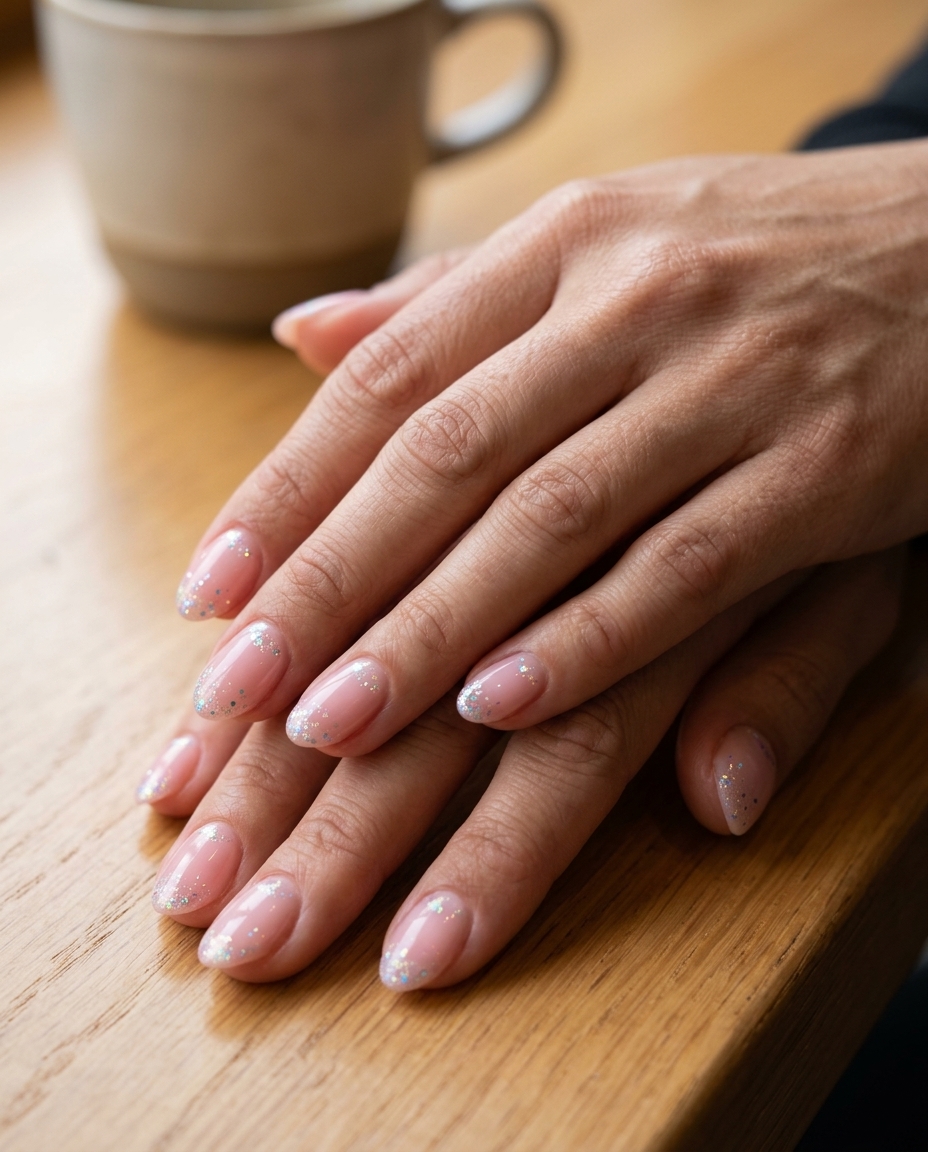 Romantic sheer pink scattered holographic nails for summer glitter nails 2026, ideal for date nights.