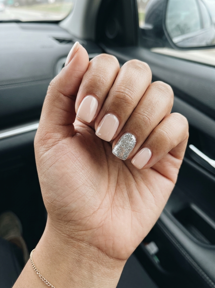 Sophisticated summer glitter nails 2026 with sheer nude and silver glitter accent on medium oval nails.