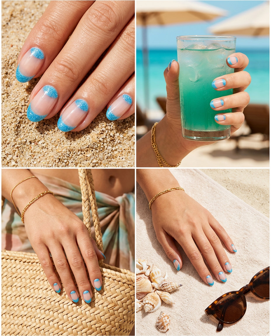 Sky blue glitter half-moon nails for summer glitter nails 2026, perfect for vacation or beach days.
