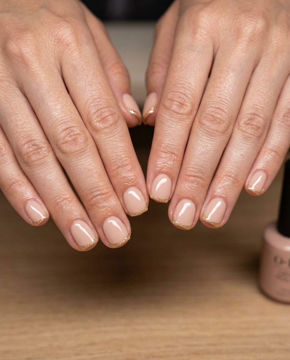 Sophisticated summer glitter nails 2026 with a subtle fine gold glitter line on short square nails.