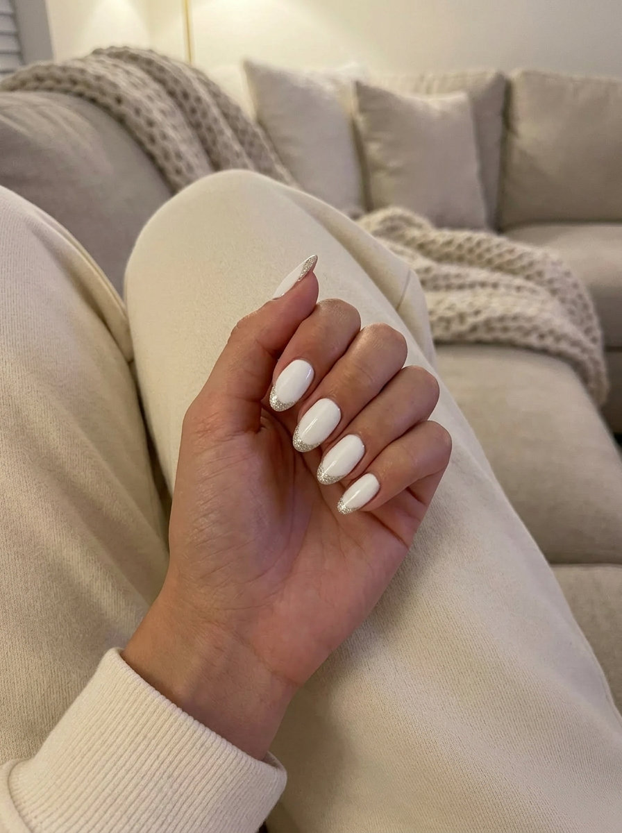 Elegant white gold sparkle accent nails for summer glitter nails 2026, perfect for weddings.