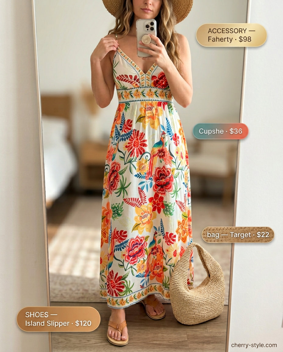 Boho maxi dress with floral print, wide-brimmed hat, and leather sandals for vacation style.