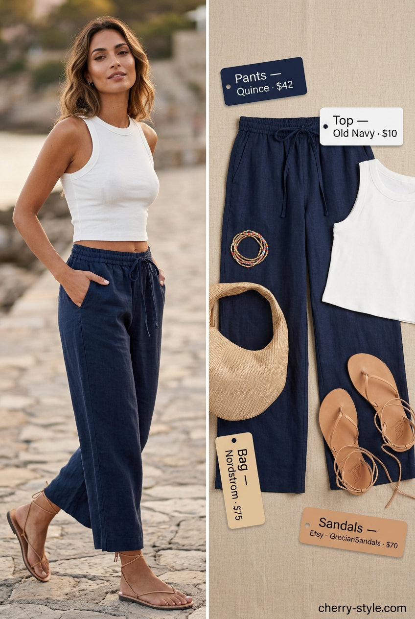 Boho maxi skirt with a white cropped tank top, gladiator sandals, and layered bracelets.