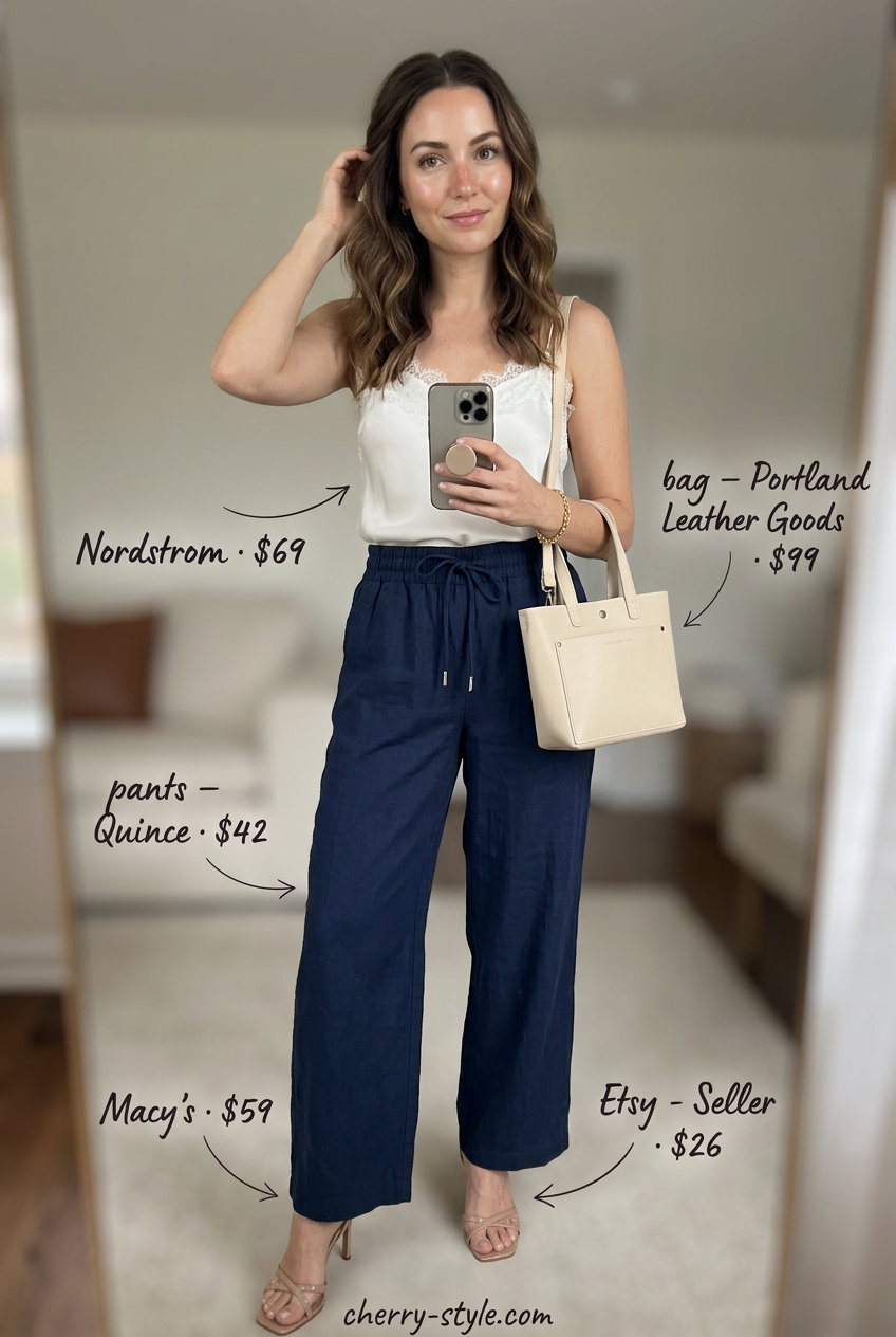 Elegant ivory satin camisole with a beige leather handbag and strappy heeled sandals.