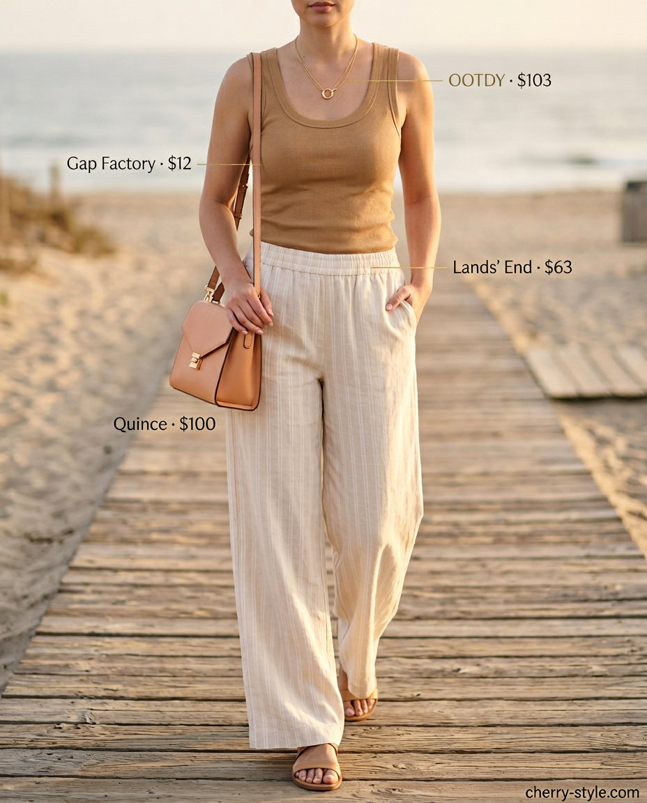 Cream linen high-waist pants, ribbed tank top, and minimalist sandals for a chic casual look.