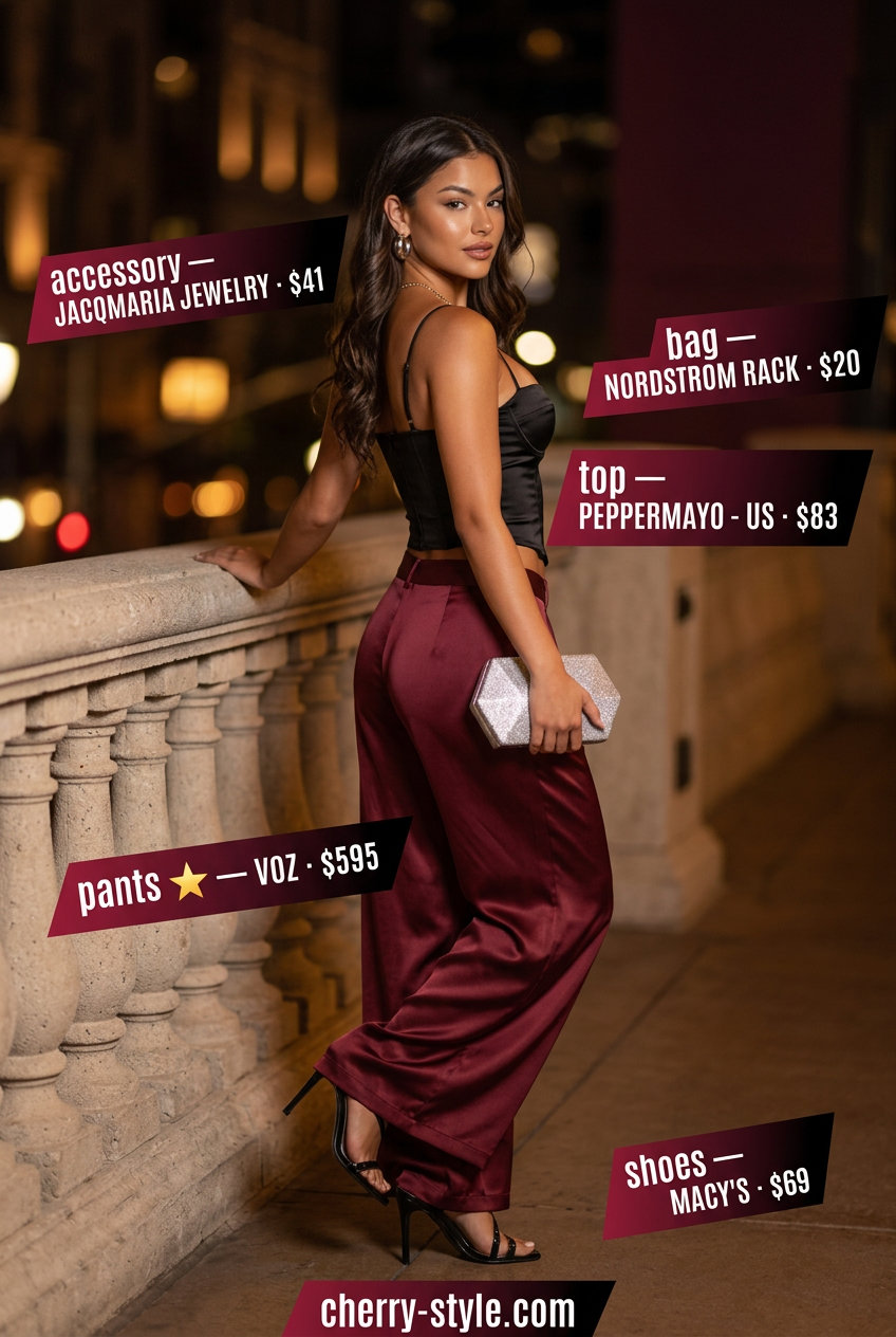 Burgundy silk high-waist palazzo pants with a satin corset top and strappy heels for date night.
