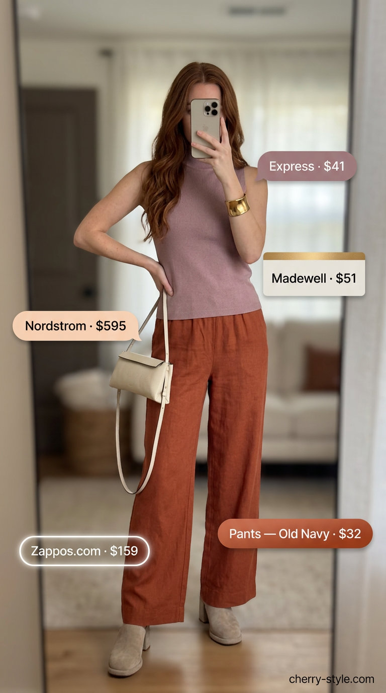 Terracotta high-waist linen pants with a fitted knit top and heeled mules for an elegant look.