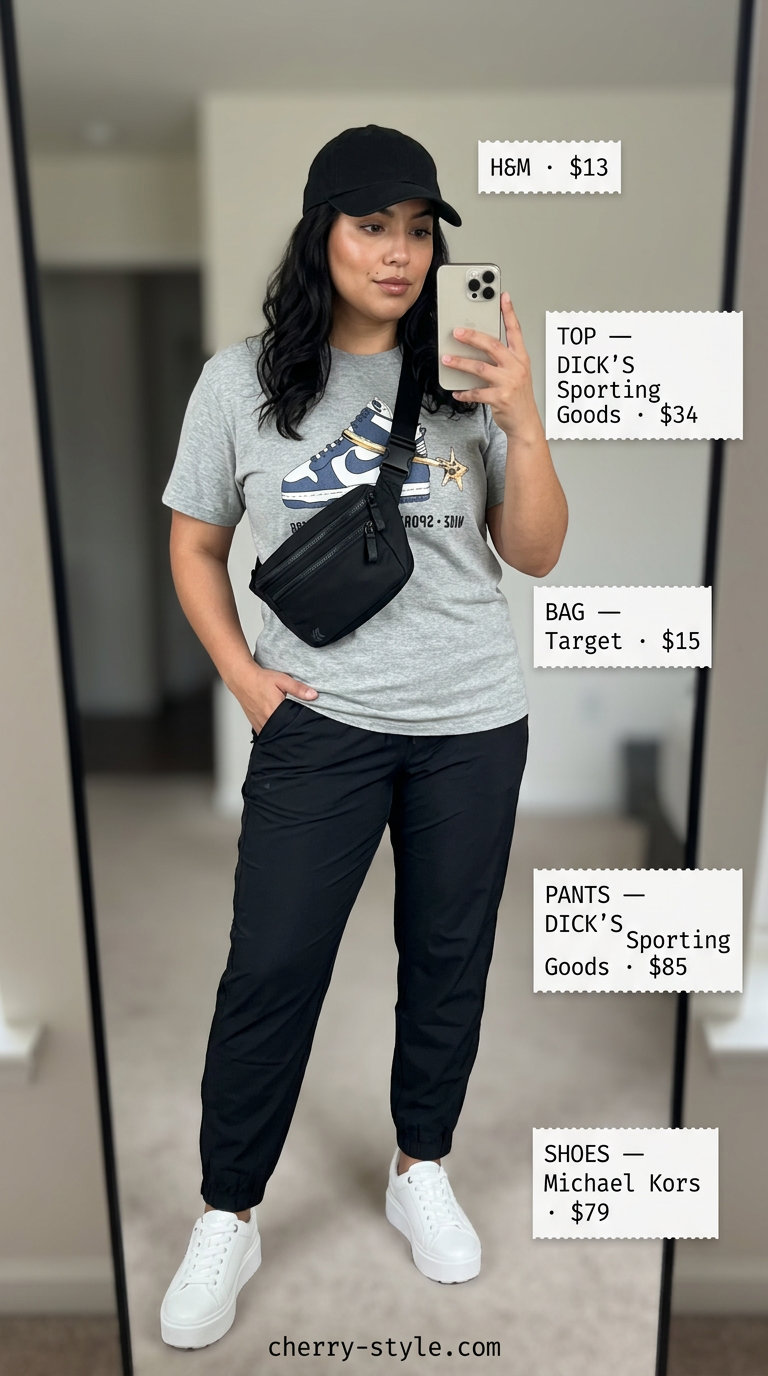 Summer High Waist Pants Outfits for Women 2026: Athleisure style with black pants, oversized tee, belt bag, and sneakers.