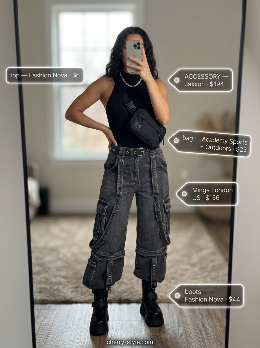 Summer High Waist Pants Outfits for Women 2026: Charcoal grey cargo pants, black bodysuit, and combat boots for an edgy urban look.